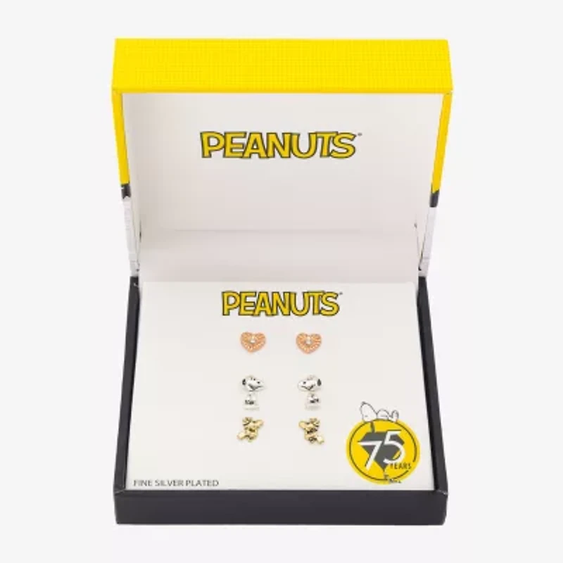 Womens Crystal 10K Gold Over Brass 10K Rose Gold Over Silver Heart Peanuts Snoopy 3 Pair Earring Set