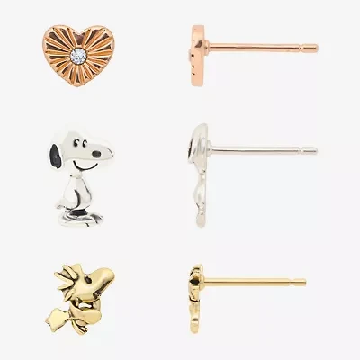 Womens Crystal 10K Gold Over Brass 10K Rose Gold Over Silver Heart Peanuts Snoopy 3 Pair Earring Set