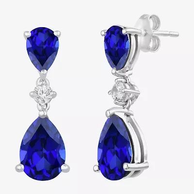 Womens Lab Created Blue Sapphire Sterling Silver Pear Drop Earrings