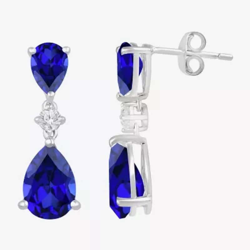 Womens Lab Created Blue Sapphire Sterling Silver Pear Drop Earrings