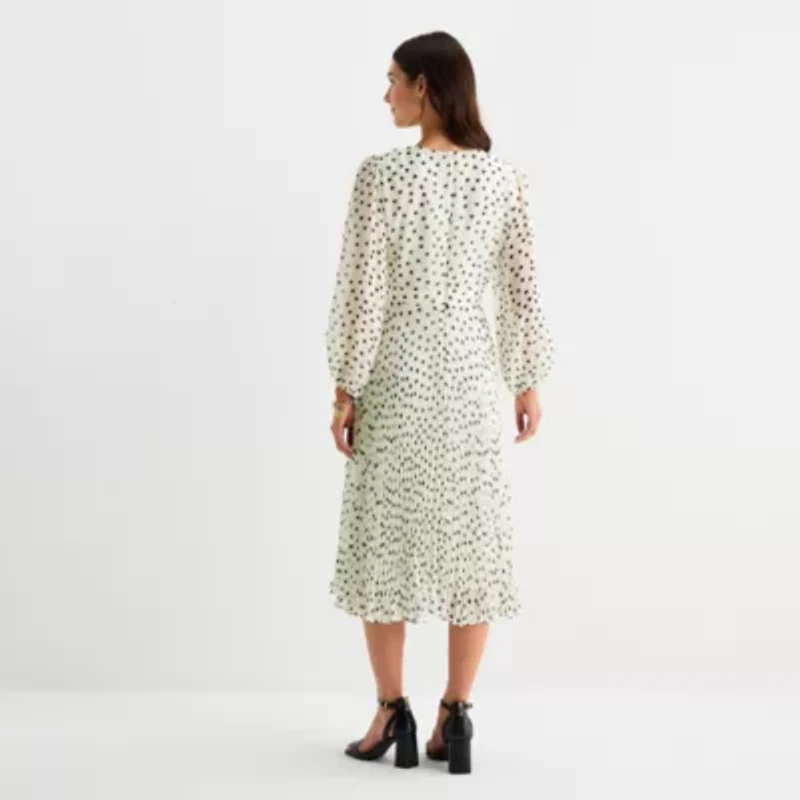 Danny & Nicole Womens Long Sleeve Dots Midi Fit + Flare Dress
