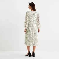 Danny & Nicole Womens Long Sleeve Dots Midi Fit + Flare Dress