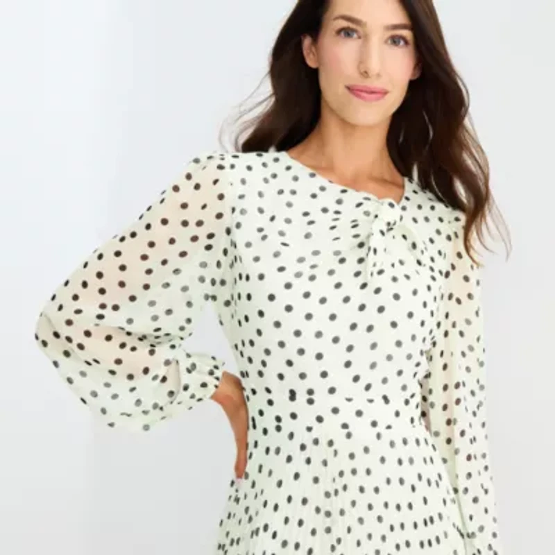 Danny & Nicole Womens Long Sleeve Dots Midi Fit + Flare Dress
