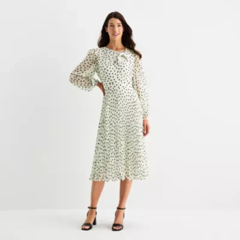 Danny & Nicole Womens Long Sleeve Dots Midi Fit + Flare Dress