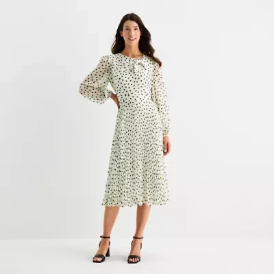 Danny & Nicole Womens Long Sleeve Dots Midi Fit + Flare Dress