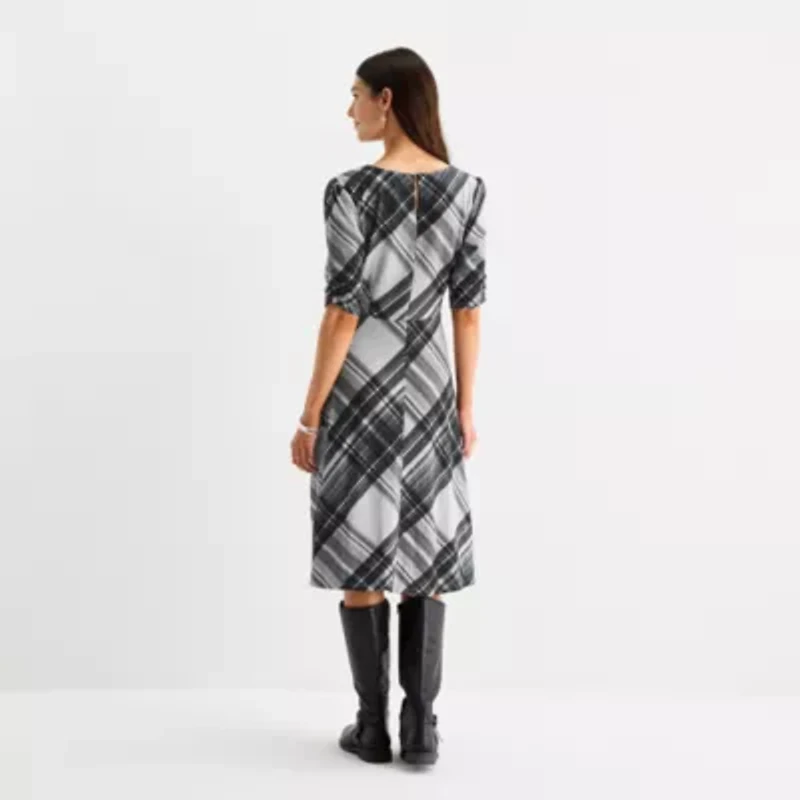R & K Originals Womens 3/4 Sleeve Plaid Fit + Flare Dress