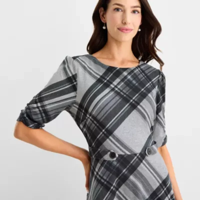 R & K Originals Womens 3/4 Sleeve Plaid Fit + Flare Dress