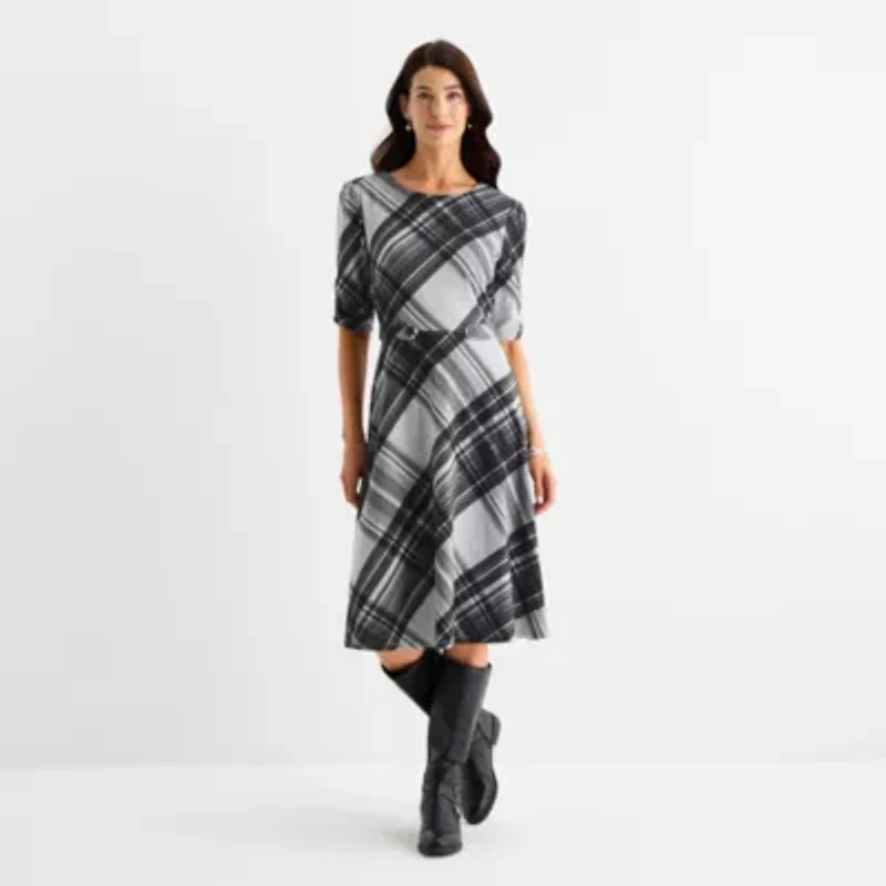 R & K Originals Womens 3/4 Sleeve Plaid Fit + Flare Dress