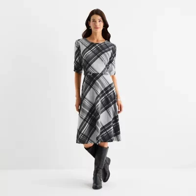 R & K Originals Womens 3/4 Sleeve Plaid Fit + Flare Dress