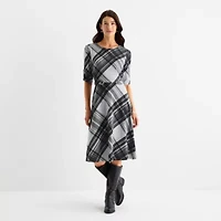 R & K Originals Womens 3/4 Sleeve Plaid Fit + Flare Dress