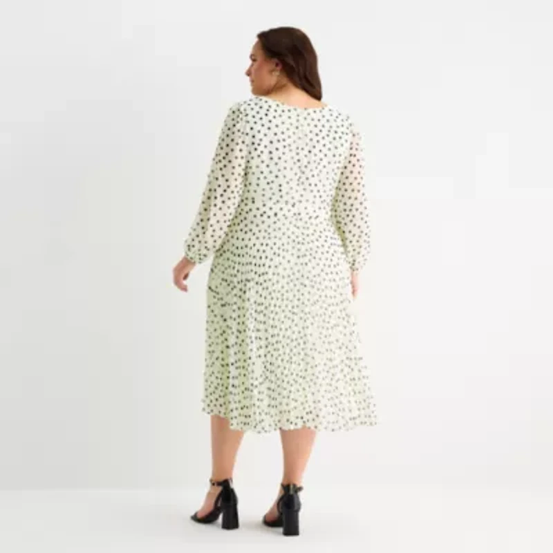 Danny & Nicole Womens Plus Long Sleeve Polka Dot Midi Fit + Flare Dress
