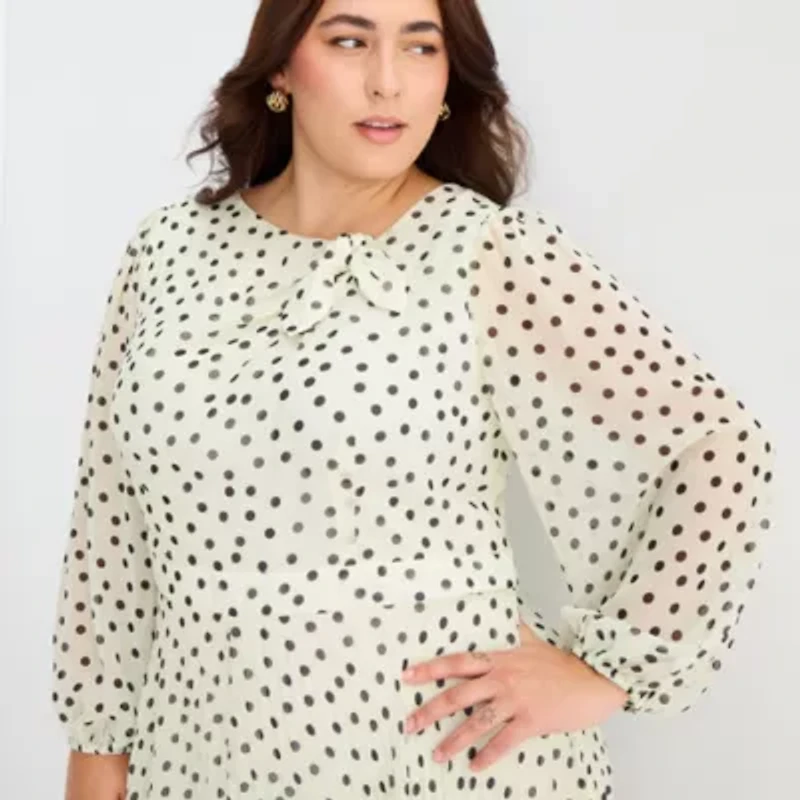 Danny & Nicole Womens Plus Long Sleeve Polka Dot Midi Fit + Flare Dress