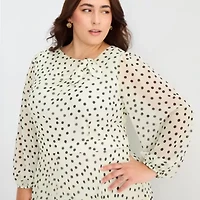 Danny & Nicole Womens Plus Long Sleeve Polka Dot Midi Fit + Flare Dress