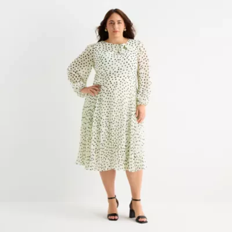 Danny & Nicole Womens Plus Long Sleeve Polka Dot Midi Fit + Flare Dress