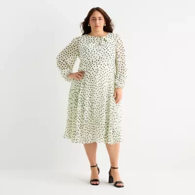Danny & Nicole Womens Plus Long Sleeve Polka Dot Midi Fit + Flare Dress