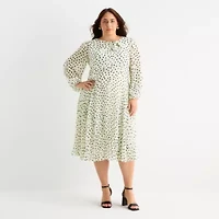 Danny & Nicole Womens Plus Long Sleeve Polka Dot Midi Fit + Flare Dress