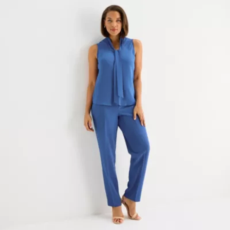 Black Label by Evan-Picone Womens Split Tie Neck Sleeveless Blouse