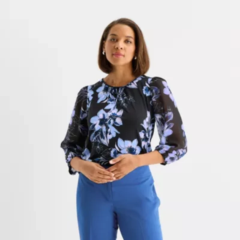 Black Label by Evan-Picone Womens Crew Neck 3/4 Sleeve Blouse