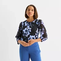 Black Label by Evan-Picone Womens Crew Neck 3/4 Sleeve Blouse