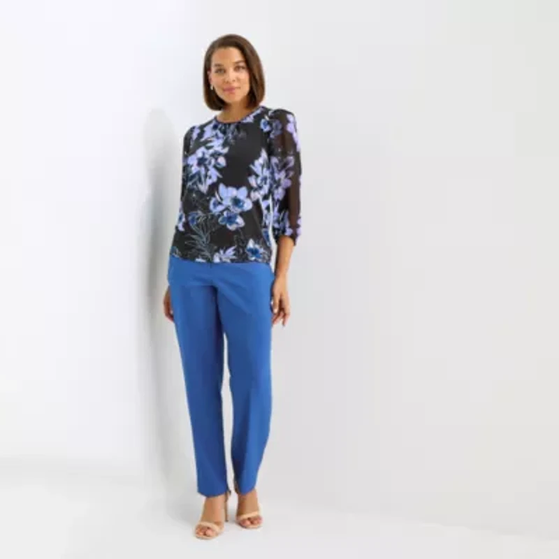 Black Label by Evan-Picone Womens Crew Neck 3/4 Sleeve Blouse