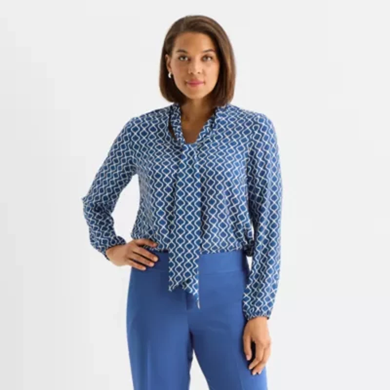 Black Label by Evan-Picone Womens Split Tie Neck Long Sleeve Blouse