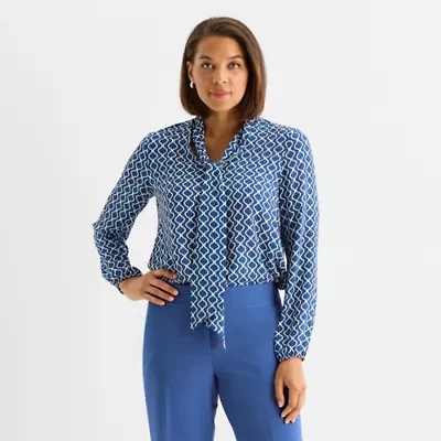 Black Label by Evan-Picone Womens Split Tie Neck Long Sleeve Blouse