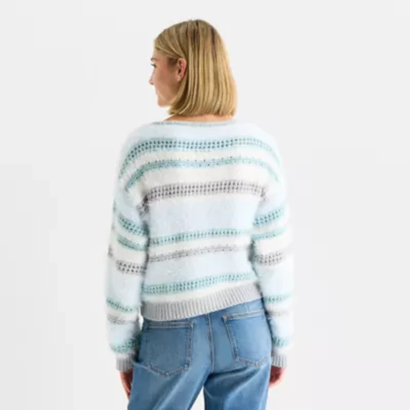 Arizona Juniors Womens V Neck Long Sleeve Striped Pullover Sweater