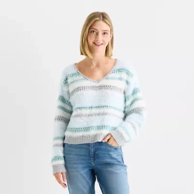 Arizona Juniors Womens V Neck Long Sleeve Striped Pullover Sweater