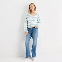 Arizona Juniors Womens V Neck Long Sleeve Striped Pullover Sweater