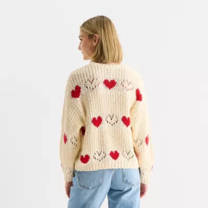 Arizona Juniors Womens Crew Neck Long Sleeve Hearts Pullover Sweater