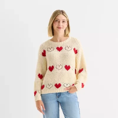 Arizona Juniors Womens Crew Neck Long Sleeve Hearts Pullover Sweater