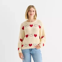 Arizona Juniors Womens Crew Neck Long Sleeve Hearts Pullover Sweater