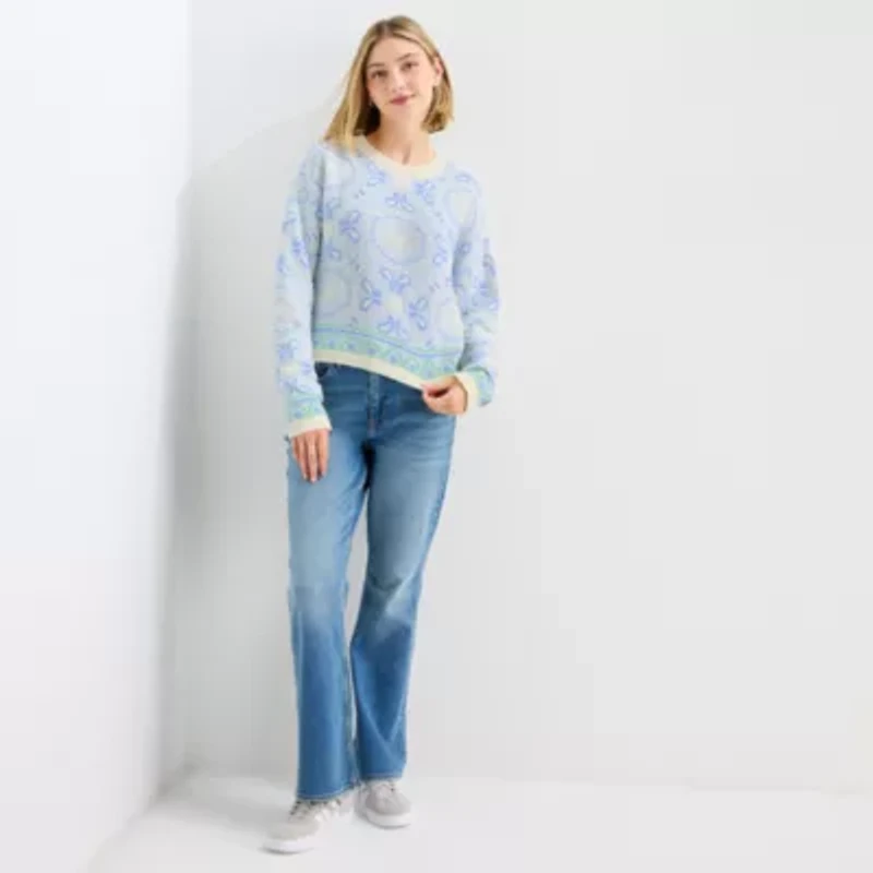 Arizona Juniors Womens Crew Neck Long Sleeve Paisley Pullover Sweater