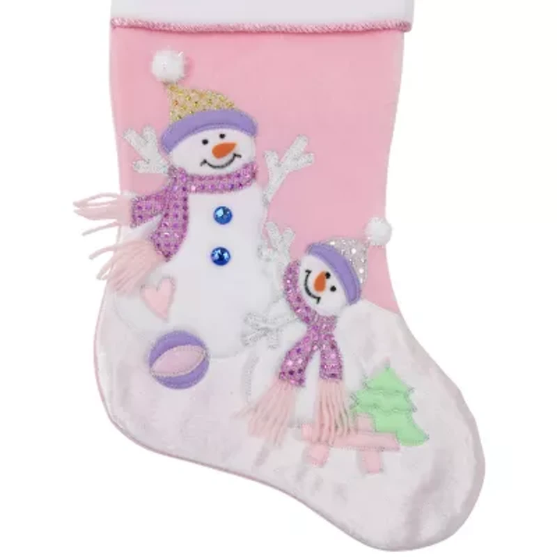 21'' Light Pink Baby's First Christmas Velveteen Snowmen Christmas Stocking