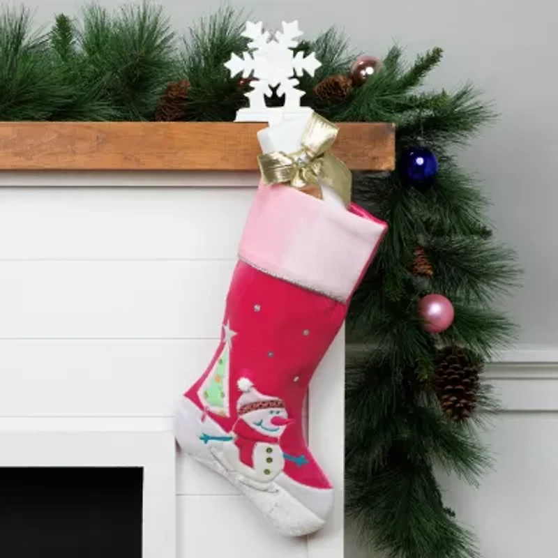 20.5'' Pink Embroidered Ice Skating Snowman and Christmas Tree Stocking