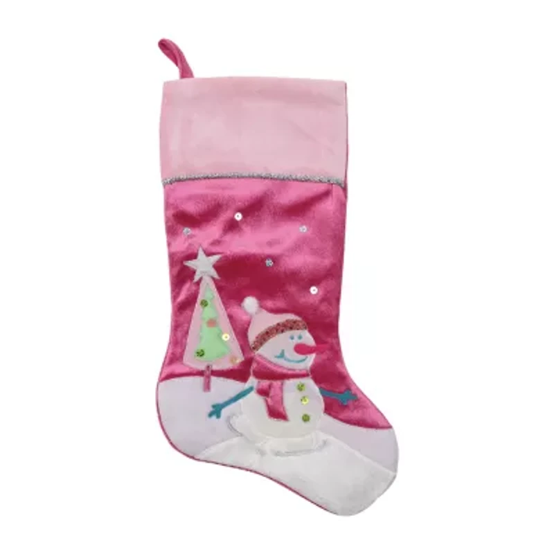 20.5'' Pink Embroidered Ice Skating Snowman and Christmas Tree Stocking