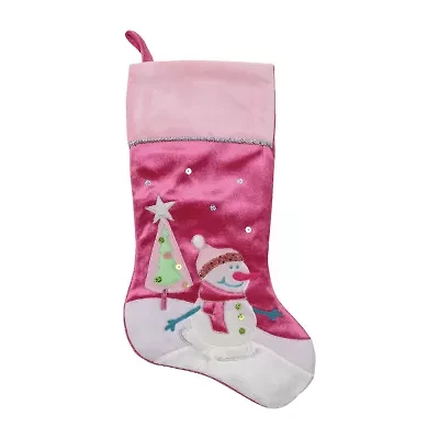 20.5'' Pink Embroidered Ice Skating Snowman and Christmas Tree Stocking