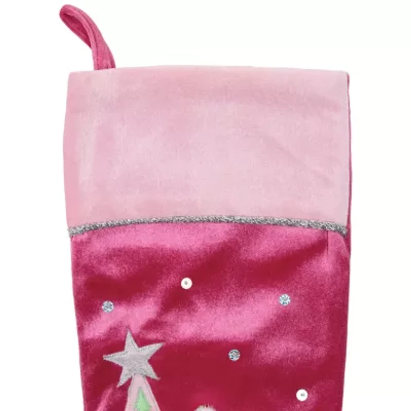20.5'' Pink Embroidered Ice Skating Snowman and Christmas Tree Stocking