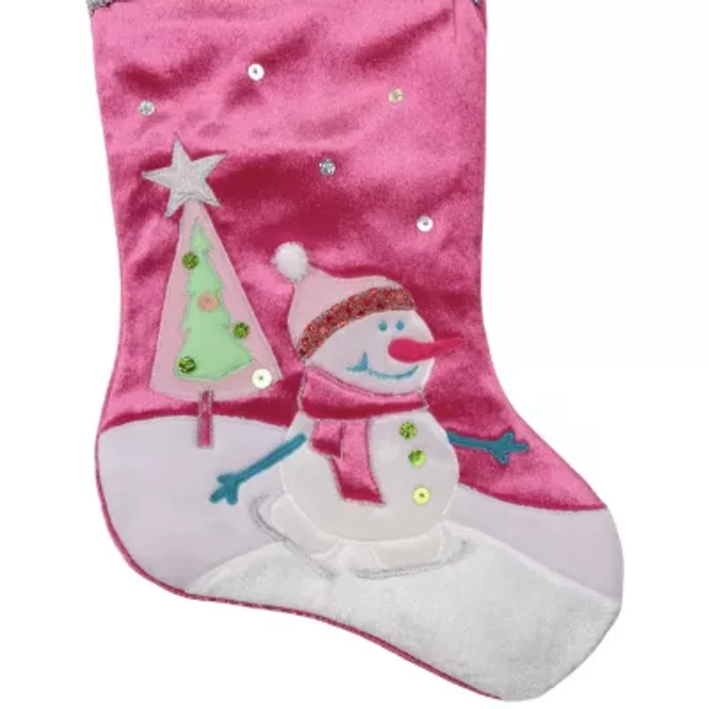 20.5'' Pink Embroidered Ice Skating Snowman and Christmas Tree Stocking