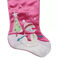 20.5'' Pink Embroidered Ice Skating Snowman and Christmas Tree Stocking