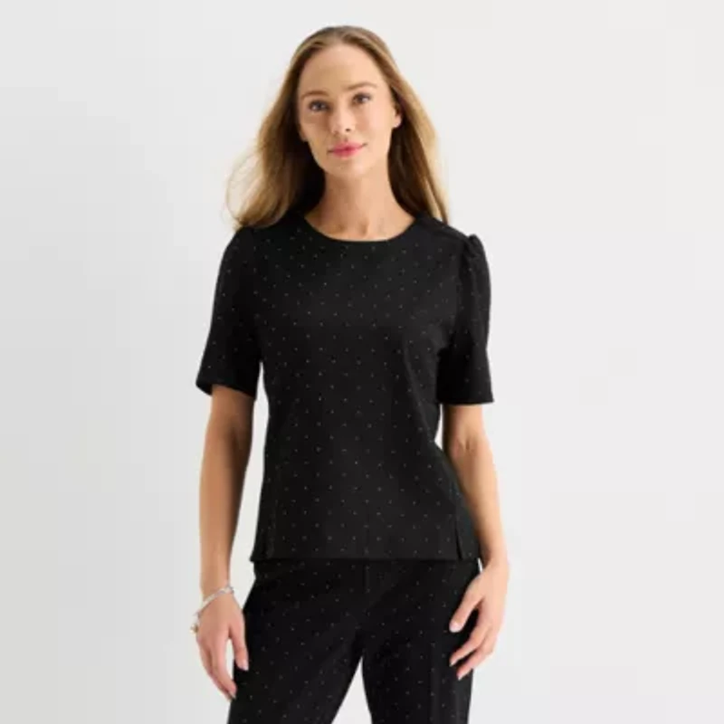 Liz Claiborne Womens Easy-on + Easy-off Round Neck Short Sleeve Adaptive Blouse