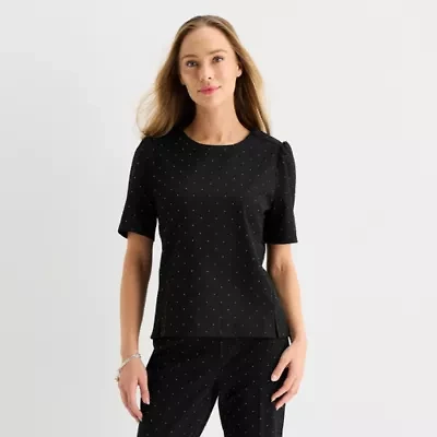 Liz Claiborne Womens Easy-on + Easy-off Round Neck Short Sleeve Adaptive Blouse