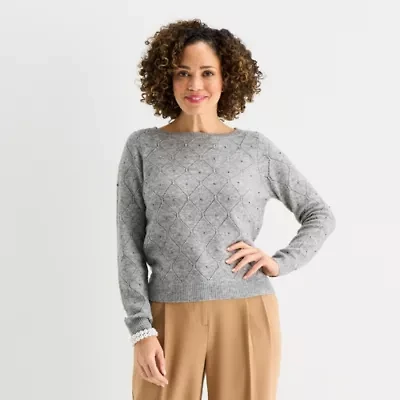 Liz Claiborne Womens Boat Neck Long Sleeve Pullover Sweater