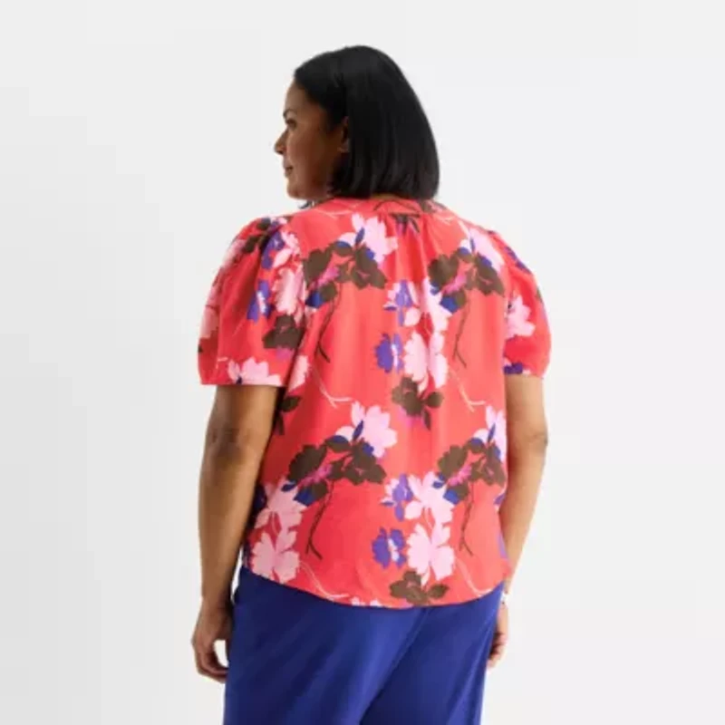 Liz Claiborne Womens Plus Split Crew Neck Short Sleeve Blouse
