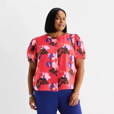 Liz Claiborne Womens Plus Split Crew Neck Short Sleeve Blouse