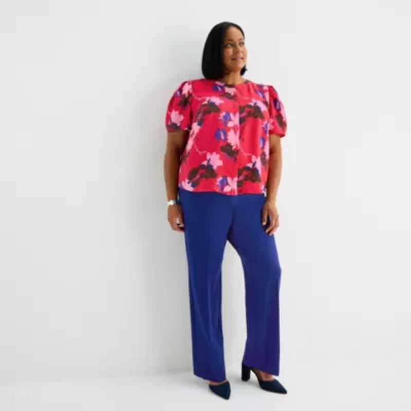 Liz Claiborne Womens Plus Split Crew Neck Short Sleeve Blouse