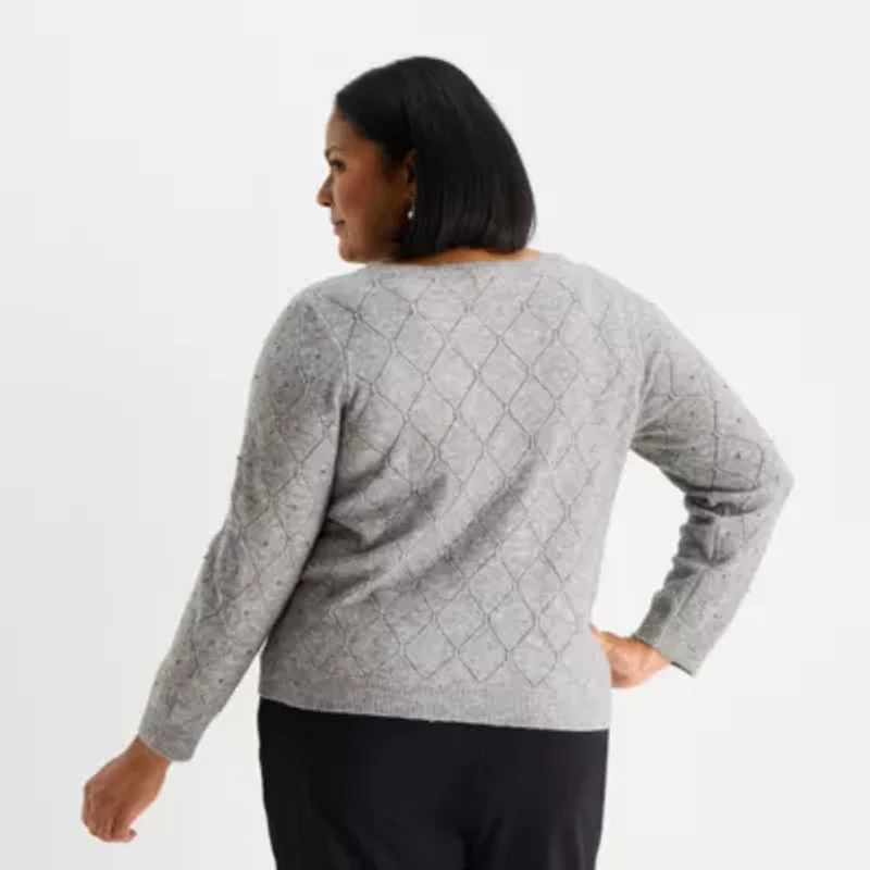 Liz Claiborne Plus Womens Crew Neck Long Sleeve Pullover Sweater