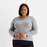 Liz Claiborne Plus Womens Crew Neck Long Sleeve Pullover Sweater