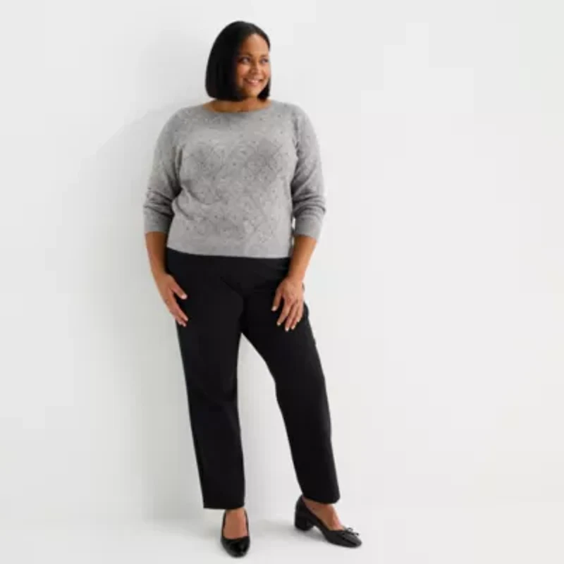 Liz Claiborne Plus Womens Crew Neck Long Sleeve Pullover Sweater