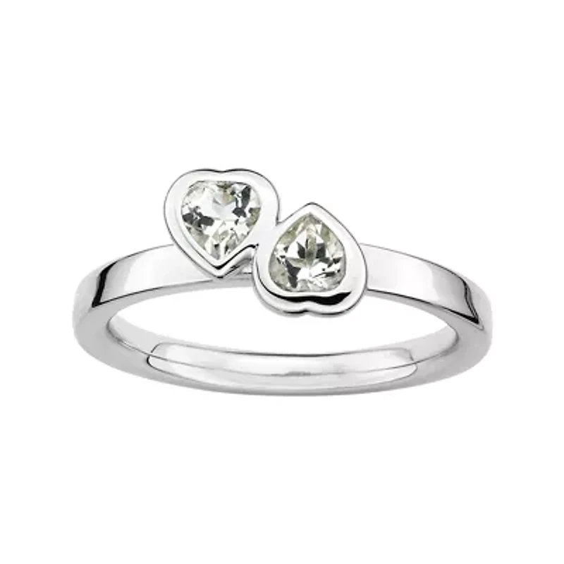 Personally Stackable Genuine White Topaz Sterling Silver Double-Heart Ring